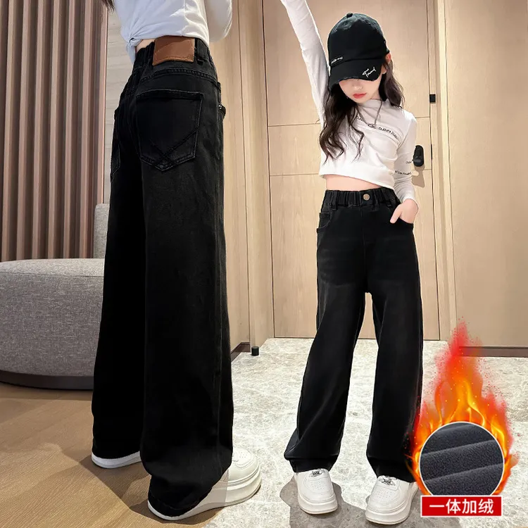 女童加绒牛仔裤秋冬装2025新款洋气中大儿童休闲阔腿长裤子直筒潮