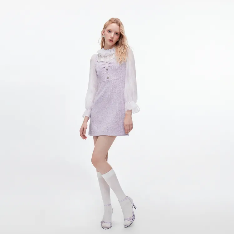MISSCOCOON可可尼紫色裙子女2025冬季新款小香风粗花呢拼接连衣裙