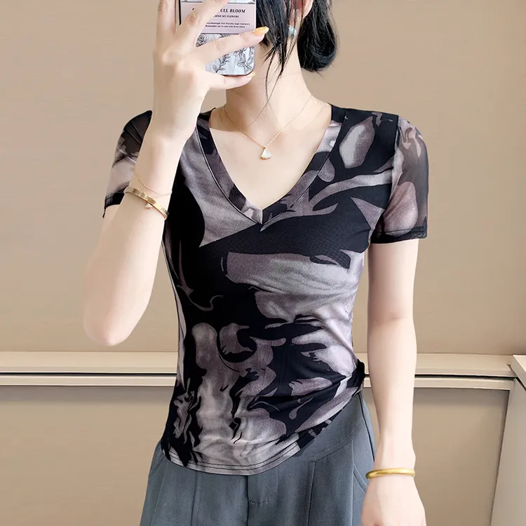 时髦半袖网红网纱小衫短袖女款爆款2025新款洋气衣服高级感打底衫