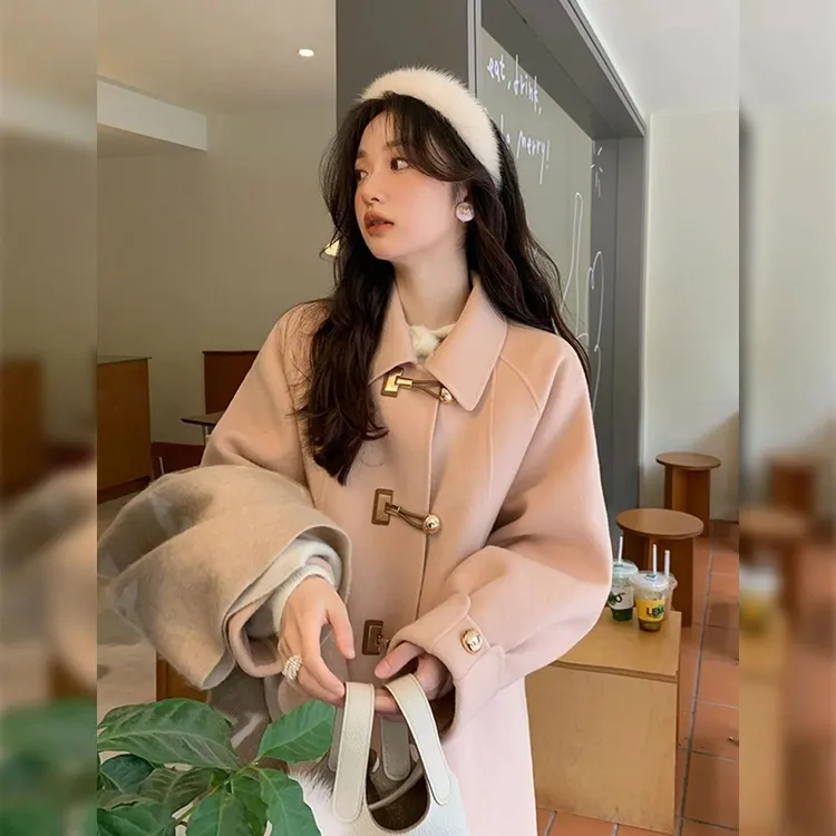 秋冬穿搭大衣 秋冬季高级感金属扣毛呢外套女冬小个子红色呢子大