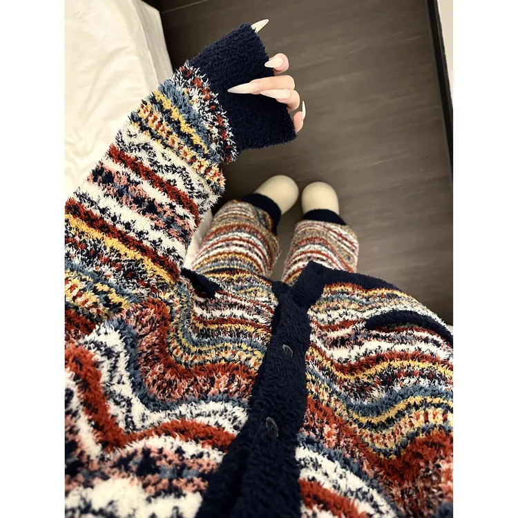 琥珀流光风复古针织半边绒睡衣女秋冬加厚撞色毛衣外套家居服套装