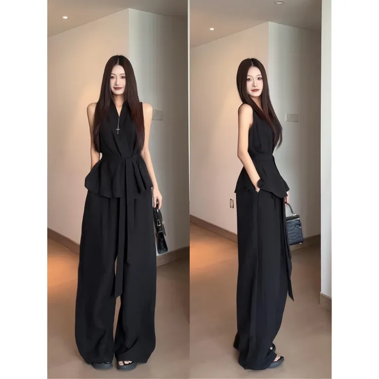 MARIE.COCO轻熟风简约无袖绑带收腰上衣女高腰直筒阔腿设计感套装