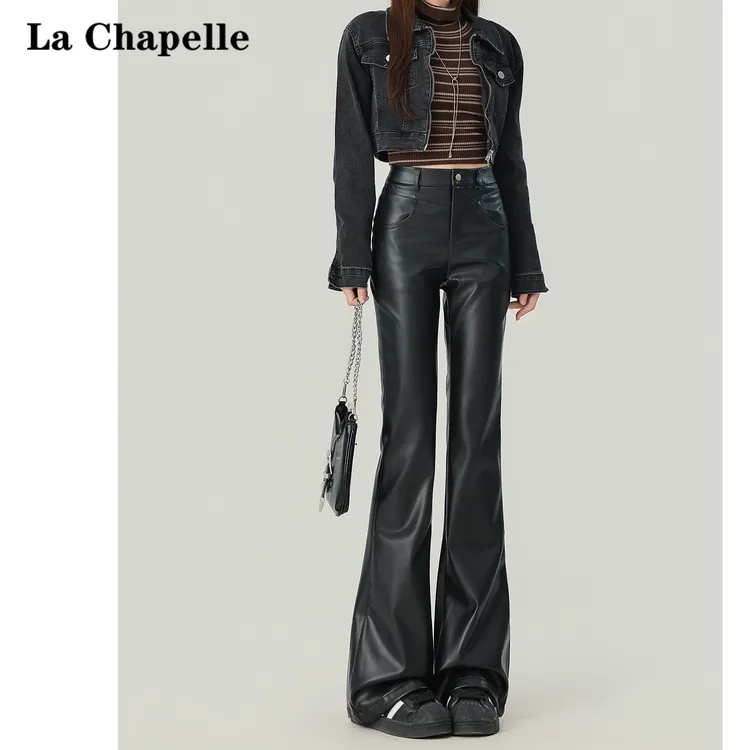 拉夏贝尔黑色辣妹微喇叭皮裤女2025新款秋季高腰显瘦爆款休闲裤子