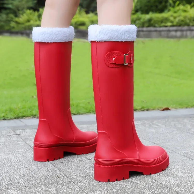 新款高筒加绒雨鞋女款成人外穿红色防滑水鞋防油胶鞋长筒加厚雨鞋