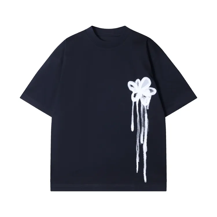 早春新款时尚个性韩版纯色花朵涂鸦圆领短袖T恤百搭情侣套头上衣