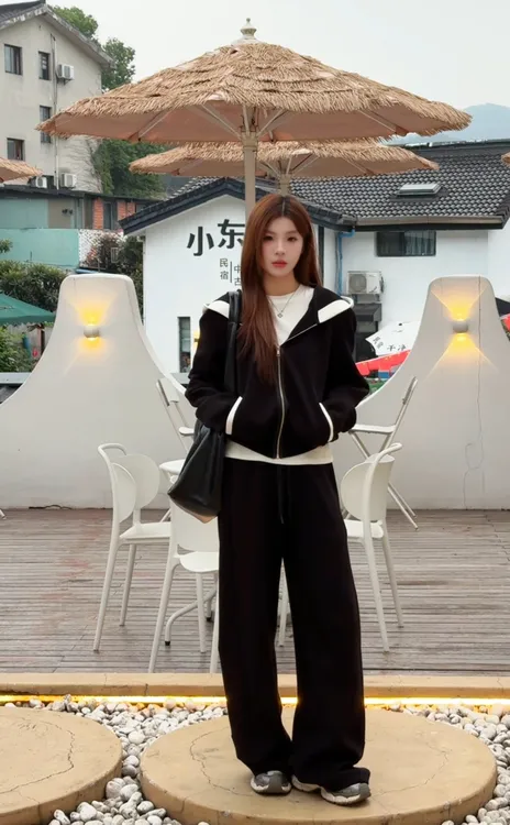 【YUKI】2025秋季爆款 时尚韩系慵懒风拼接休闲连帽卫衣套装-2569