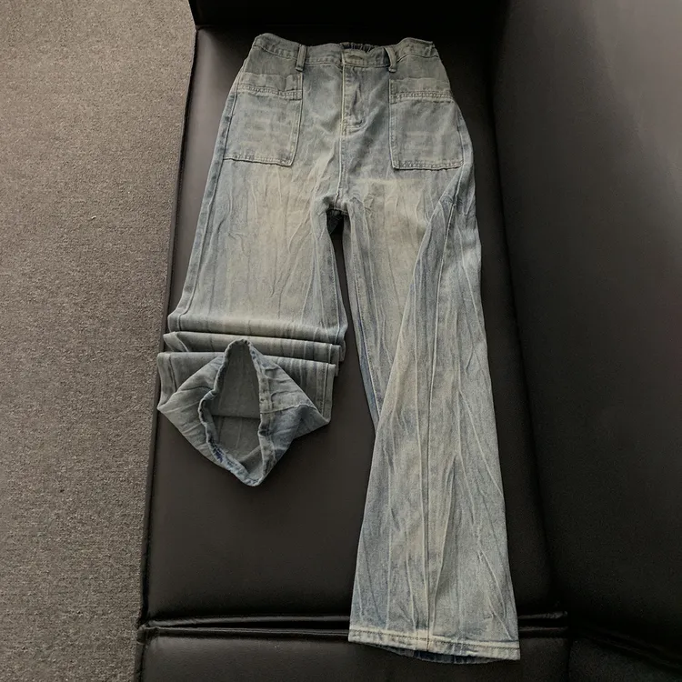 美式复古高街水洗做旧工艺竹节闪电纹牛仔长裤男秋季新款潮流痞帅