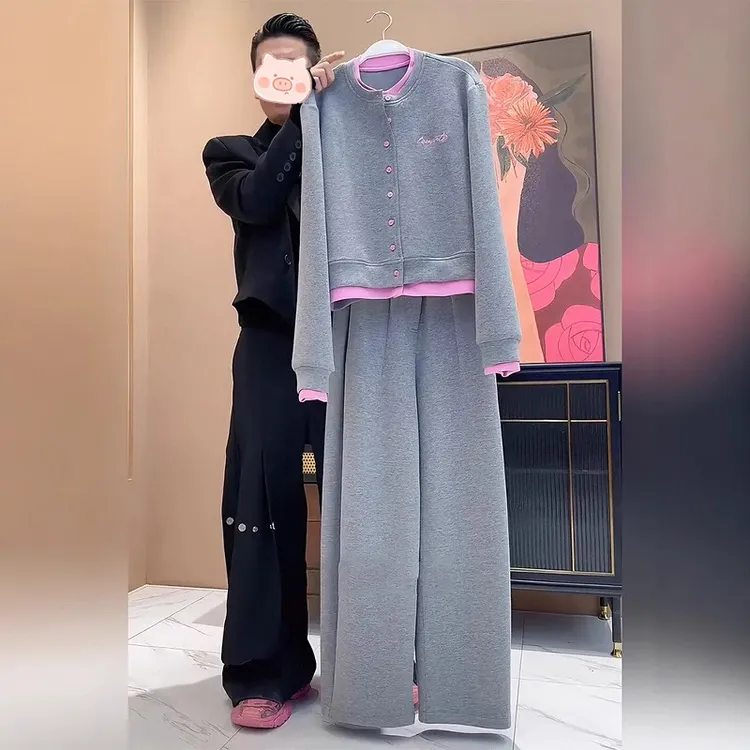 休闲风运动时尚套装女春季2025新款简约假两件长袖上衣直筒阔腿裤