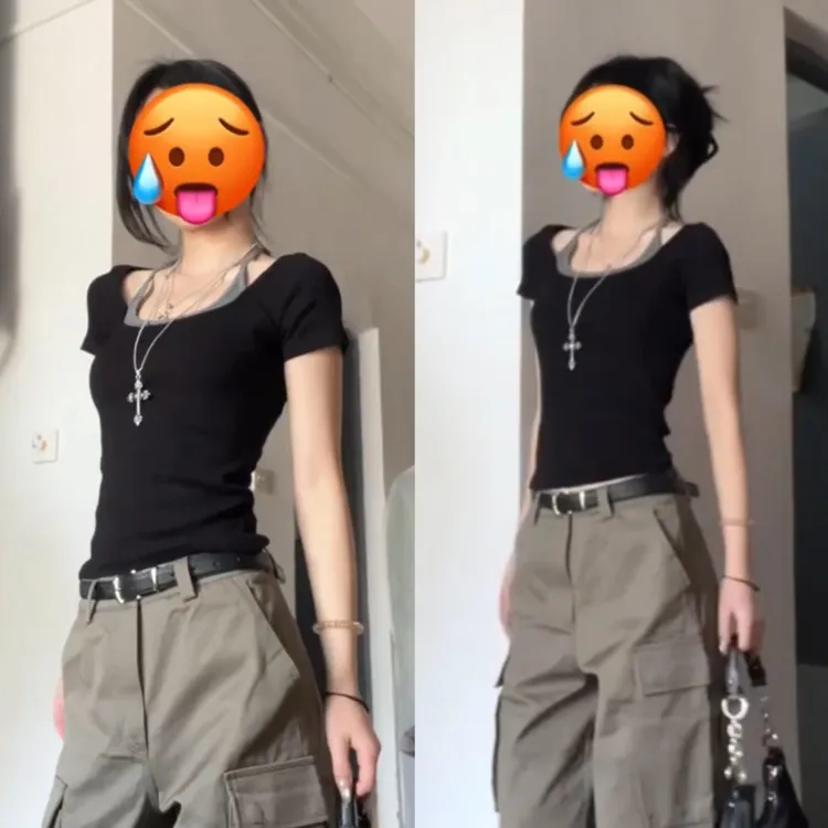 艺等YIDENG 2025夏新款U领假两件挂脖绑带设计感辣妹修身短袖T恤