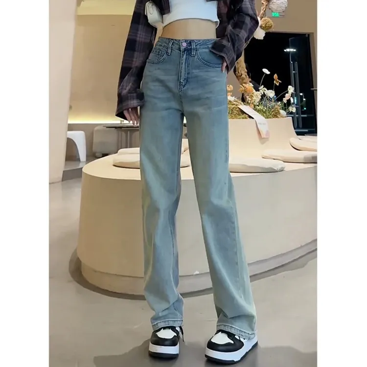 浅色窄版阔腿牛仔裤女春季2025新款宽松显瘦百搭小个子直筒拖地裤