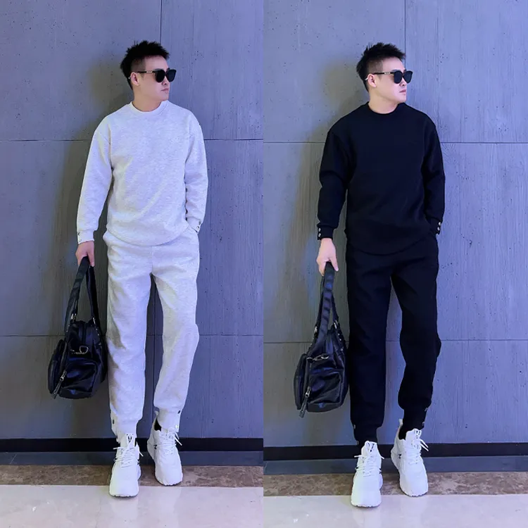 韩版休闲运动套装男士春秋新款纯色简约圆领套头卫衣束脚裤两件套