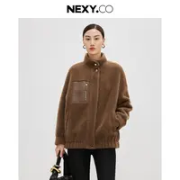 【晨粉专享价】冬季休闲帅气高领设计复古口袋短款毛呢外套女