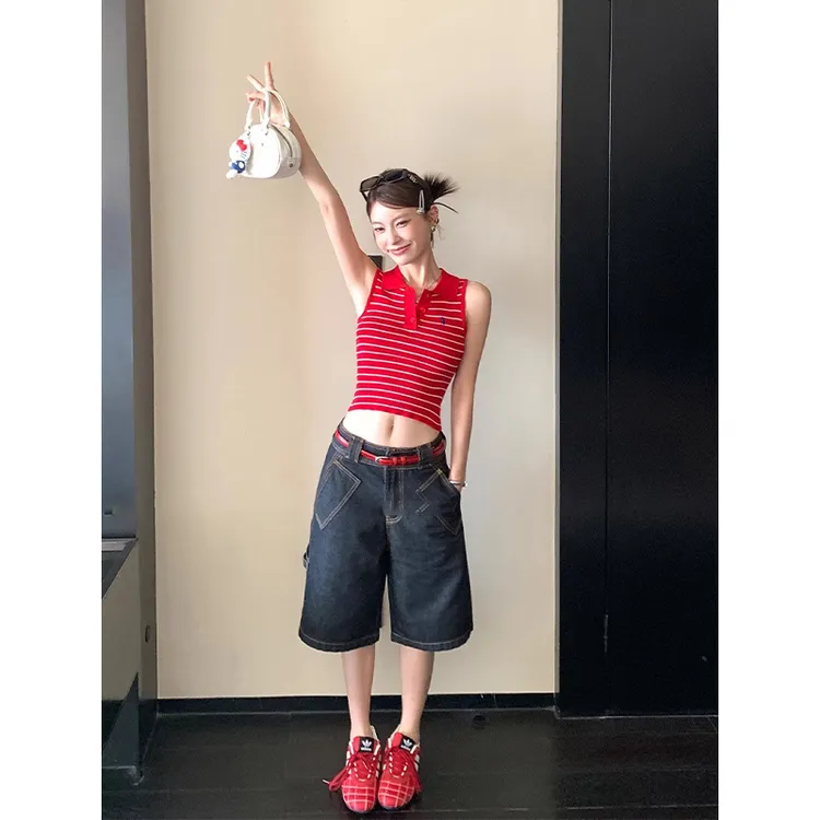 【番茄妹妹】撞色牛仔短裤女夏季宽松直筒五分裤高腰显瘦复古裤子