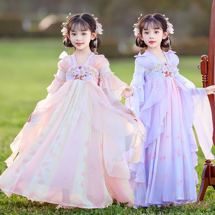 hls8803女童汉服中国风连衣裙古装长袖唐装儿童襦裙元宵连衣裙子