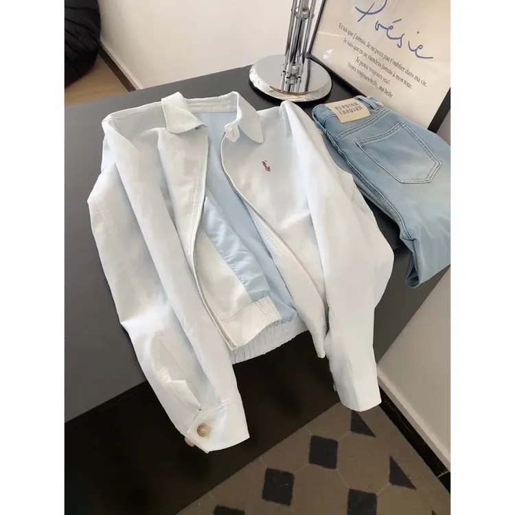 蓝色刺绣工装短款夹克外套女早秋新款慵懒松弛感翻领拉链休闲上衣