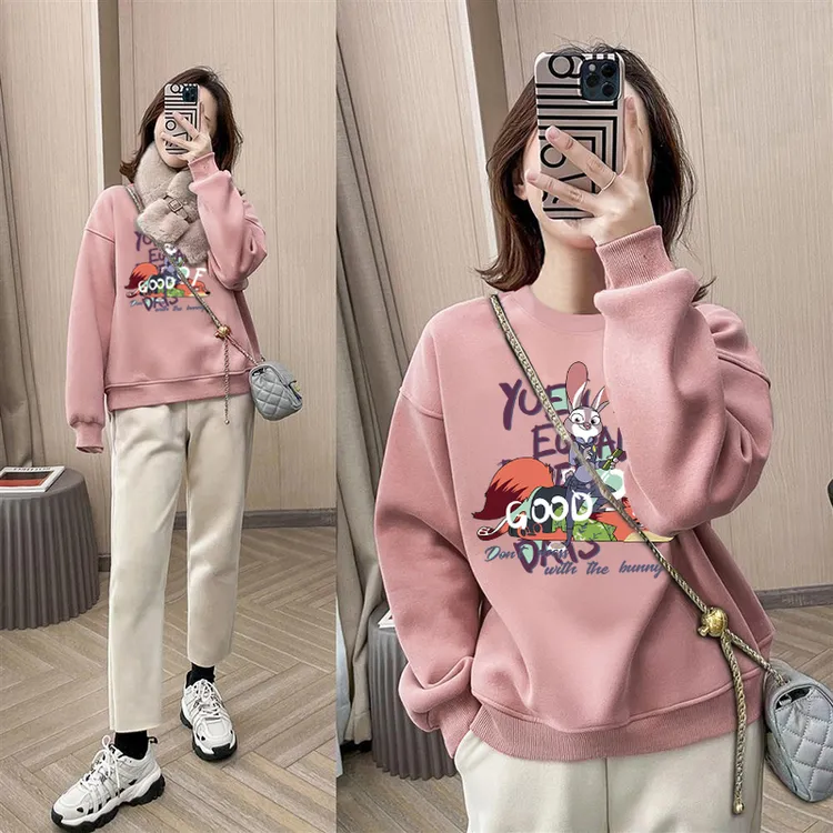 圆领套头打底衫加绒加厚卫衣女2025秋冬新款宽松韩版外套春秋薄款