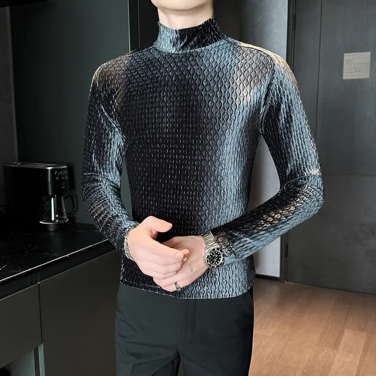 男士高级感丝绒半高领打底衫2025新款潮流修身加厚内搭长袖T恤男