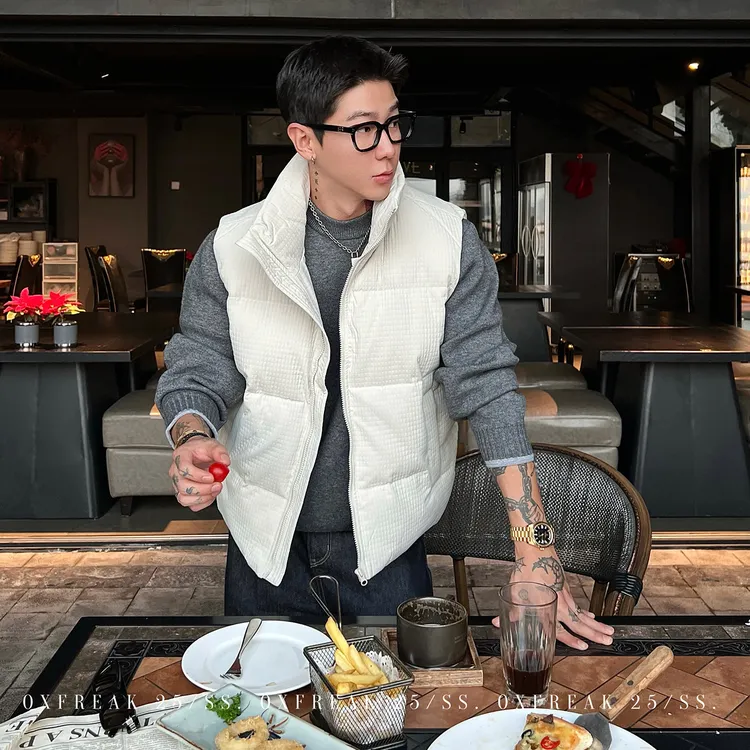 OXFREAK「极简绗缝 轻量化户外」立领90白鸭绒羽绒马甲男冬季保暖