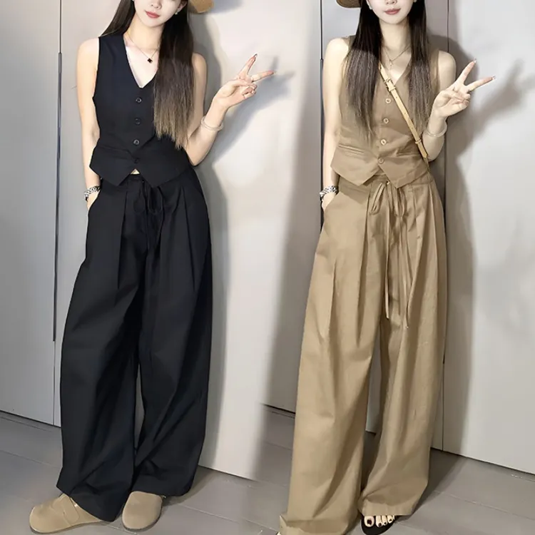 时尚洋气马甲背心+高腰阔腿裤休闲套装女夏季新款韩版气质一整套