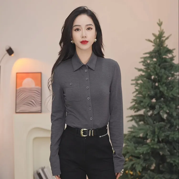 哥弟衬衫通勤加绒打底女1300820显瘦衬衣保暖内搭外穿长袖正肩