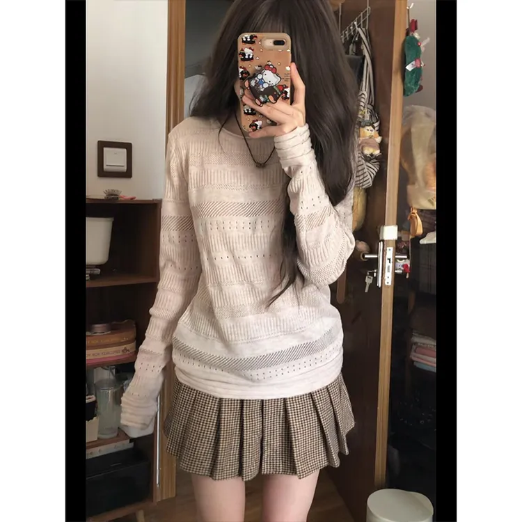 MARIE.COCO减龄穿搭镂空提花长袖针织衫女秋季新款格子百褶半身裙