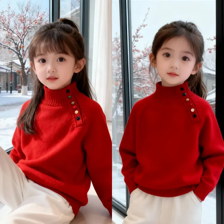 彩扣半高领儿童打底衫洋气女童毛衣秋冬款宝宝内搭纯色女孩针织衫