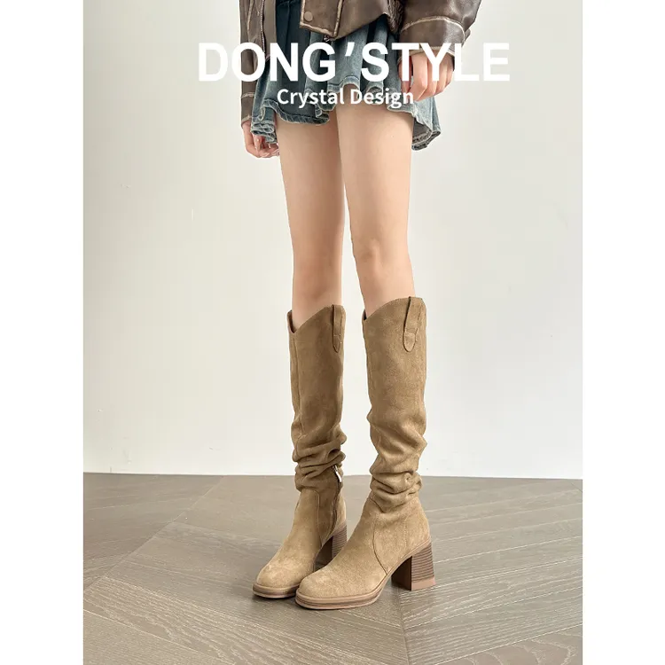 真皮~高跟堆堆靴2024秋冬新款不过膝长筒靴女靴粗跟瘦瘦靴骑士靴