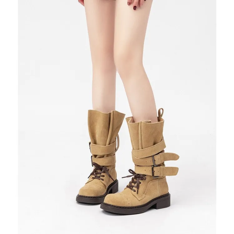 大码41-43复古绑带骑士靴女2025冬季新款粗跟中筒靴西部靴机车靴