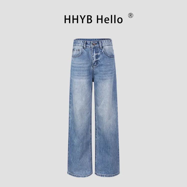 HHYB Hello2025夏季新款做旧肌理复古中低腰直筒牛仔长裤Q254245