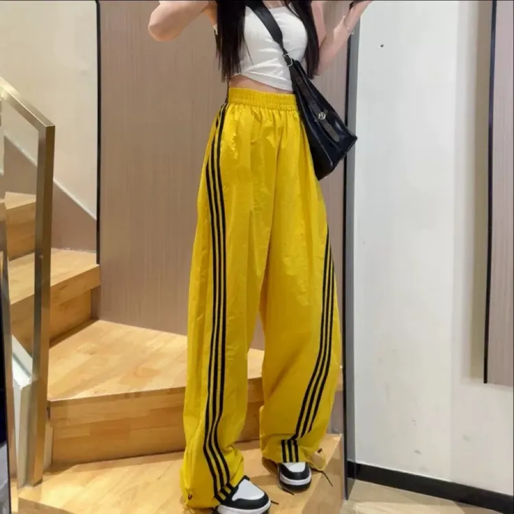 美式复古侧边杆条纹休闲裤女夏季2025款速干垂感薄款西装阔腿裤子