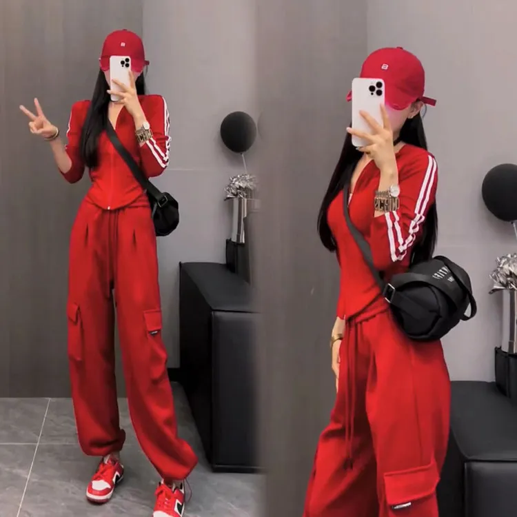2025春秋新款时尚休闲运动服套装女连帽拉链外套束脚工装裤两件套
