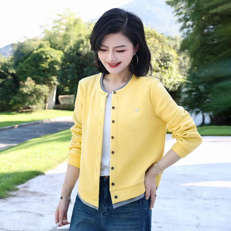 枫竺阿楠圆领撞色休闲通勤加绒保暖外套女秋冬显瘦洋气加厚开衫