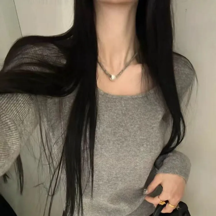 韩系秋冬百搭显瘦斜领针织衫女上衣