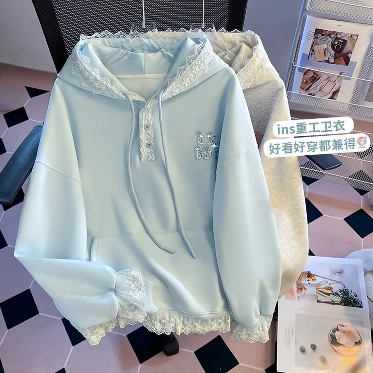 实拍灰色蕾丝边拼接连帽卫衣女2025秋冬新款设计感慵懒风宽松上衣