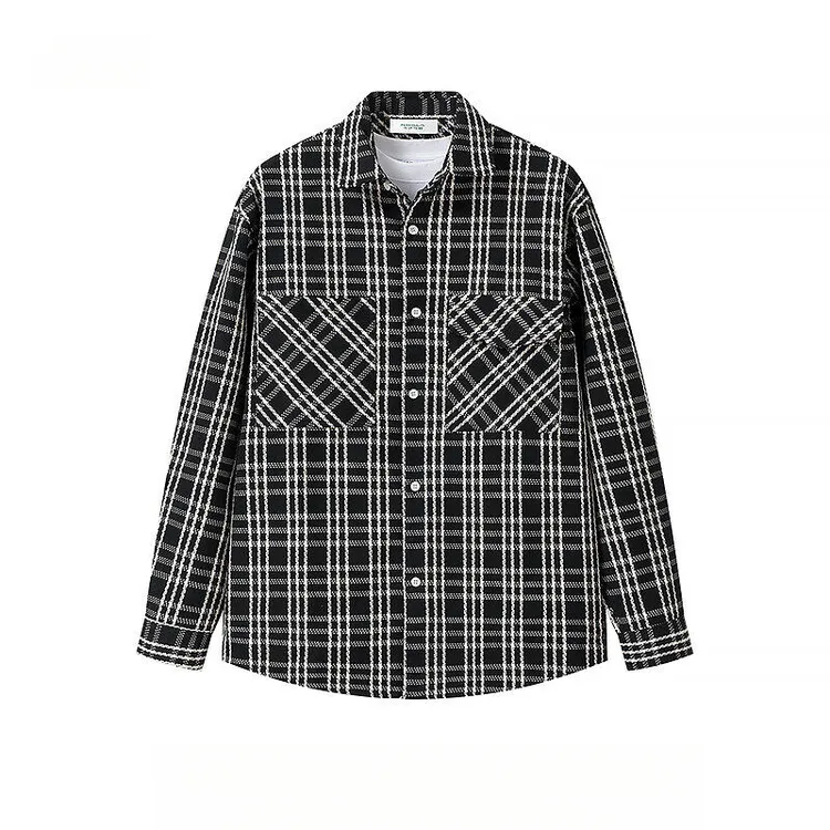 春秋新款男士夹克小香风休闲百搭外套男宽松翻领格纹编织长袖衬衫