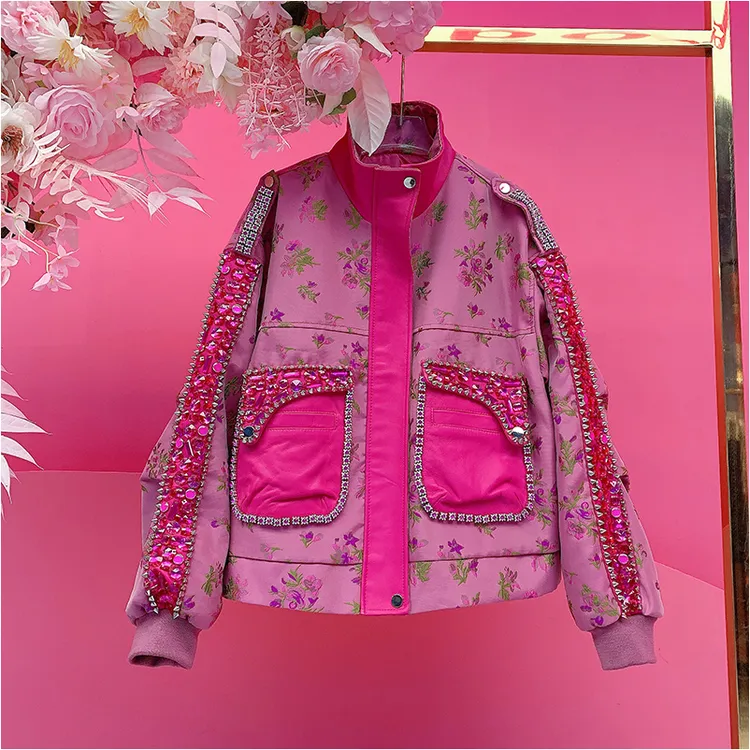 A3811欧美设计师2025冬季新款重工铆钉拼接PU皮印染花色休闲外套