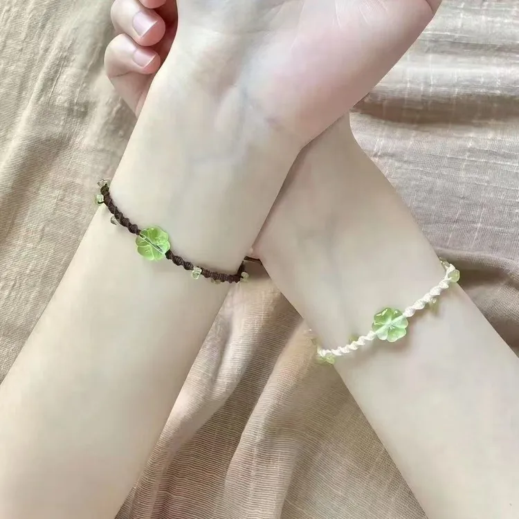 非金属布艺手链 透绿水晶四叶草编绳macrame四叶草亲手制作手工