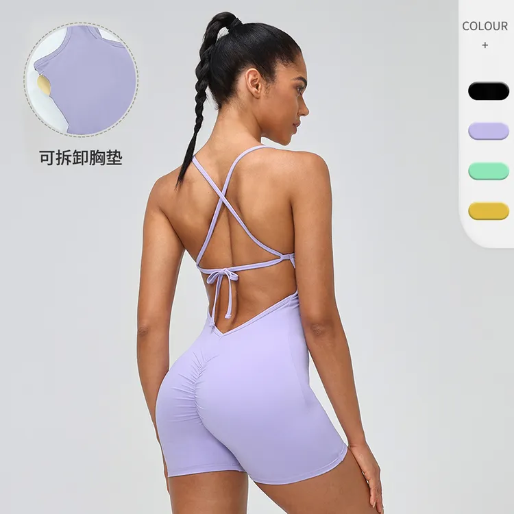 欧美连体瑜伽服女紧身跑步健身衣系带一体式连体衣蜜桃臀运动短裤