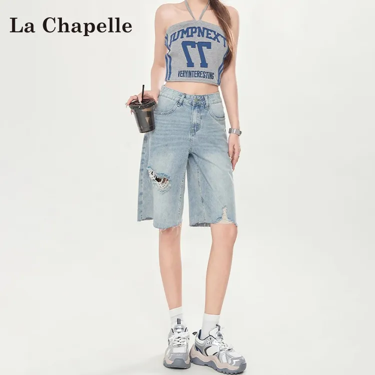 拉夏贝尔美式破洞毛边牛仔短裤女2025高腰夏季百搭显瘦五分阔腿裤