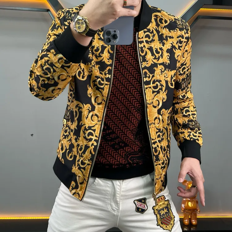欧洲站秋季男士黑金印花两面穿夹克棒球领长袖修身百搭休闲外套