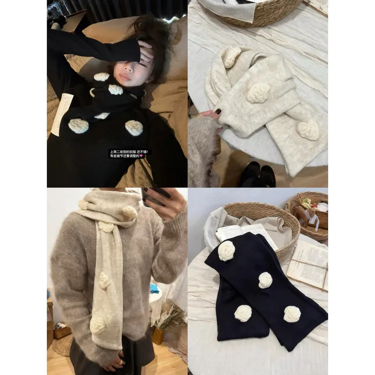 小香风中古vintage 立体山茶花针织长款围巾窄长条围脖装饰