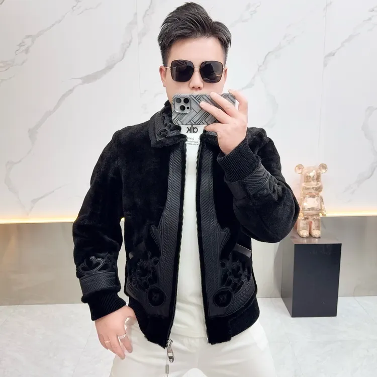 男士羊毛夹克2025秋冬新款潮牌时尚个性花纹设计潮流翻领保暖外套