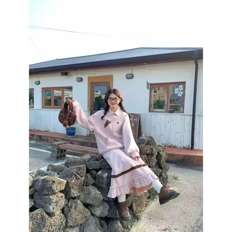【小肥打板定制】显瘦卡通上衣格子半身裙秋季高腰休闲时尚套装6587