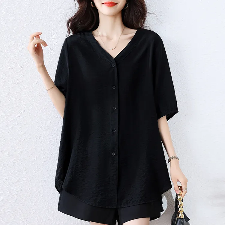 休闲宽松中年妈妈装大码减龄衬衫夏季新款时尚宽松V领单排扣开衫
