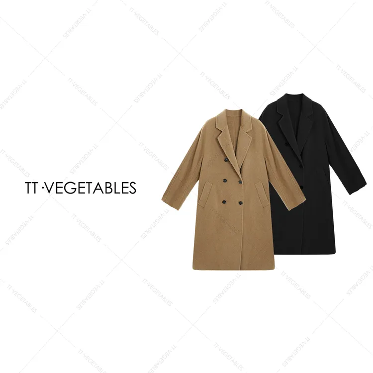 噢芬/小个子 【霜晶】百分百骆驼绒戗驳领中长款厚款毛呢大衣522138