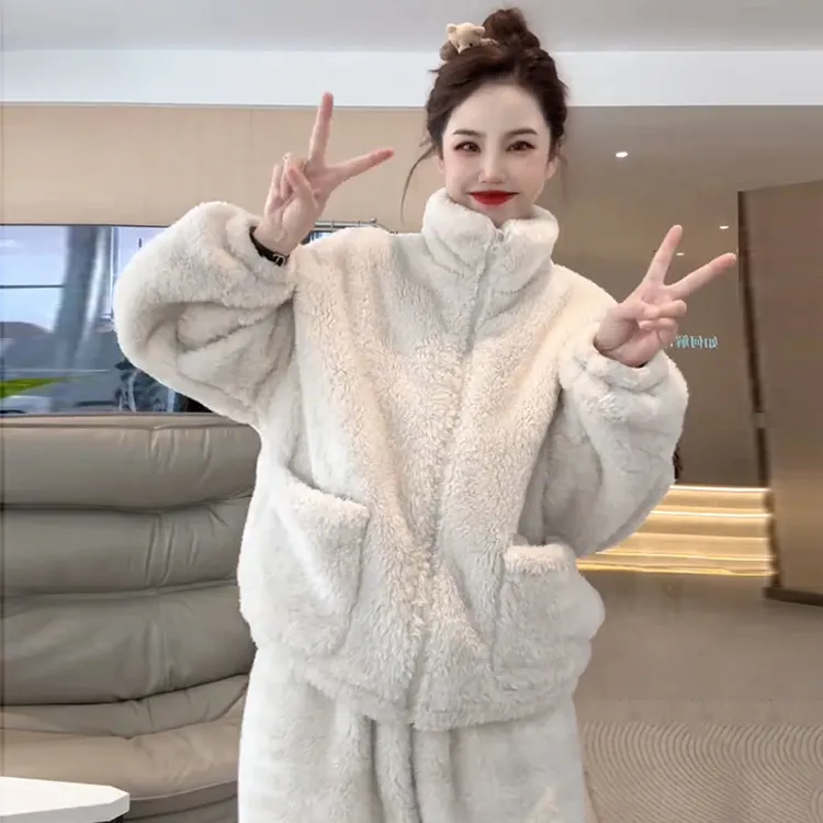 双面珊瑚绒立领睡衣女可外穿冬季2025新款加绒加厚休闲家居服套装