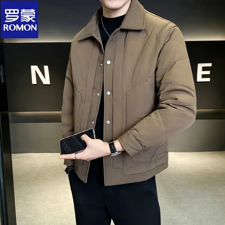 Romon/罗蒙高品质男士衬衫领轻薄羽绒服冬季时尚新款短款翻领外套