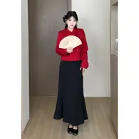 【幸运日】秋大码胖mm国风提花衬衫+休闲高腰鱼尾半裙套装 DM33210