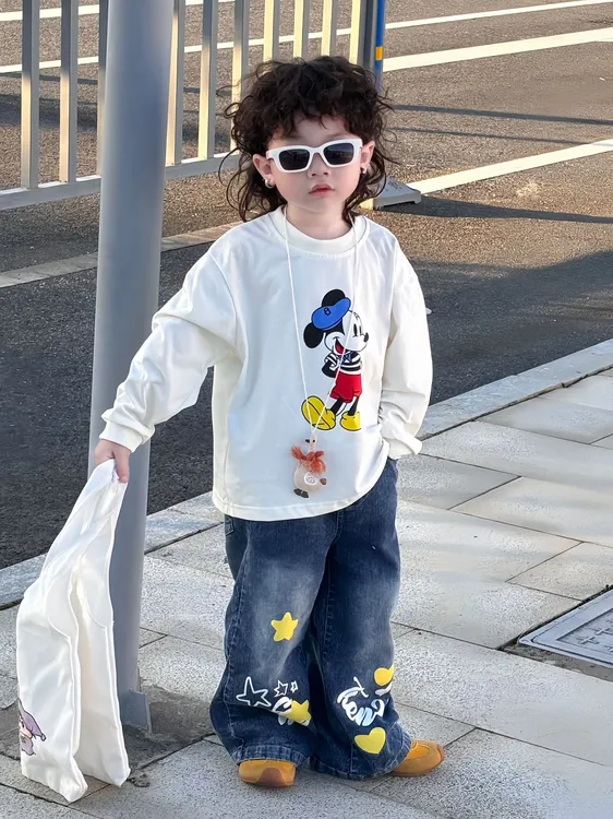 男童儿童新款长袖春秋套装2025卡通印花卫衣宝宝两件套牛仔裤帅气