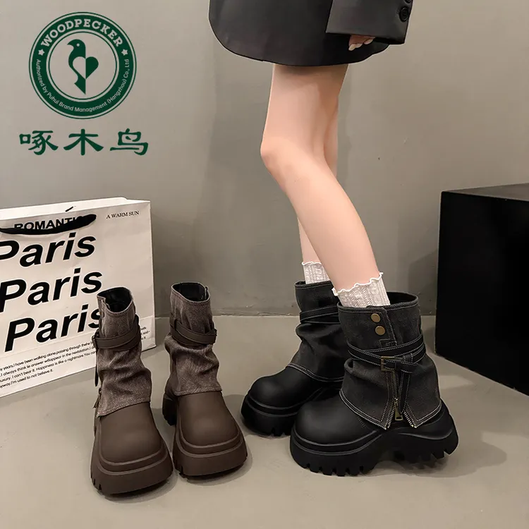 啄木鸟复古设计感帅气裤管靴女2025秋季新款厚底增高马丁靴短筒靴
